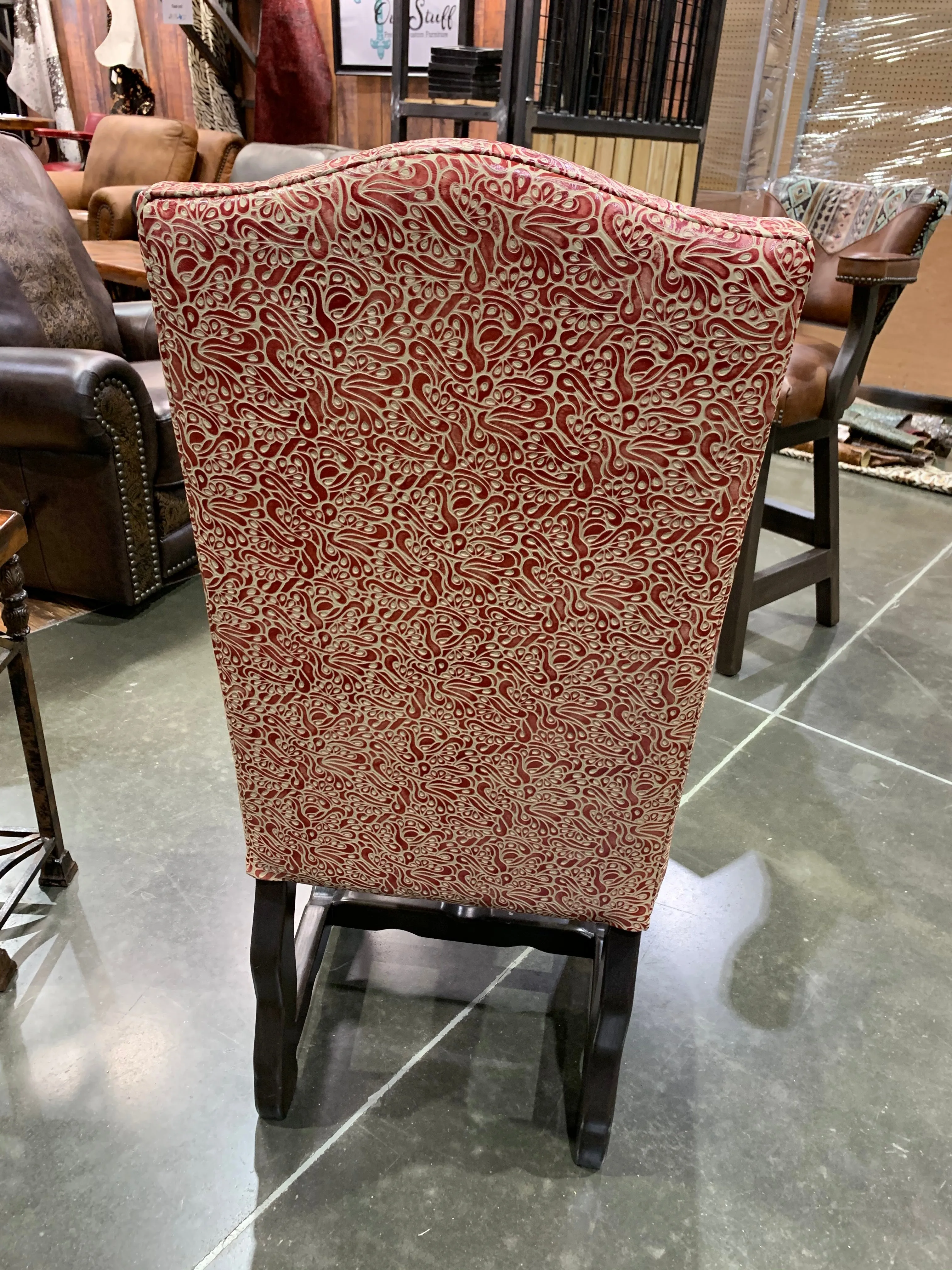 Custom Tooled Dining Room Chair in Creme Brulee Leather with Crimson Tooling