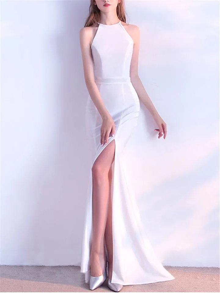 Elegant Halter Neck Trumpet Thigh High Slit Dress for Evening Party