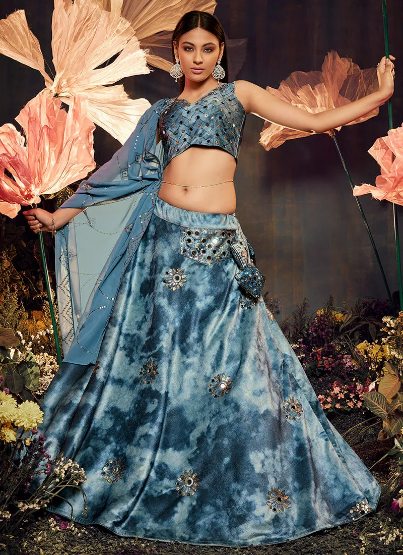Navy Blue Mirror Work Embroidery Lehenga Choli