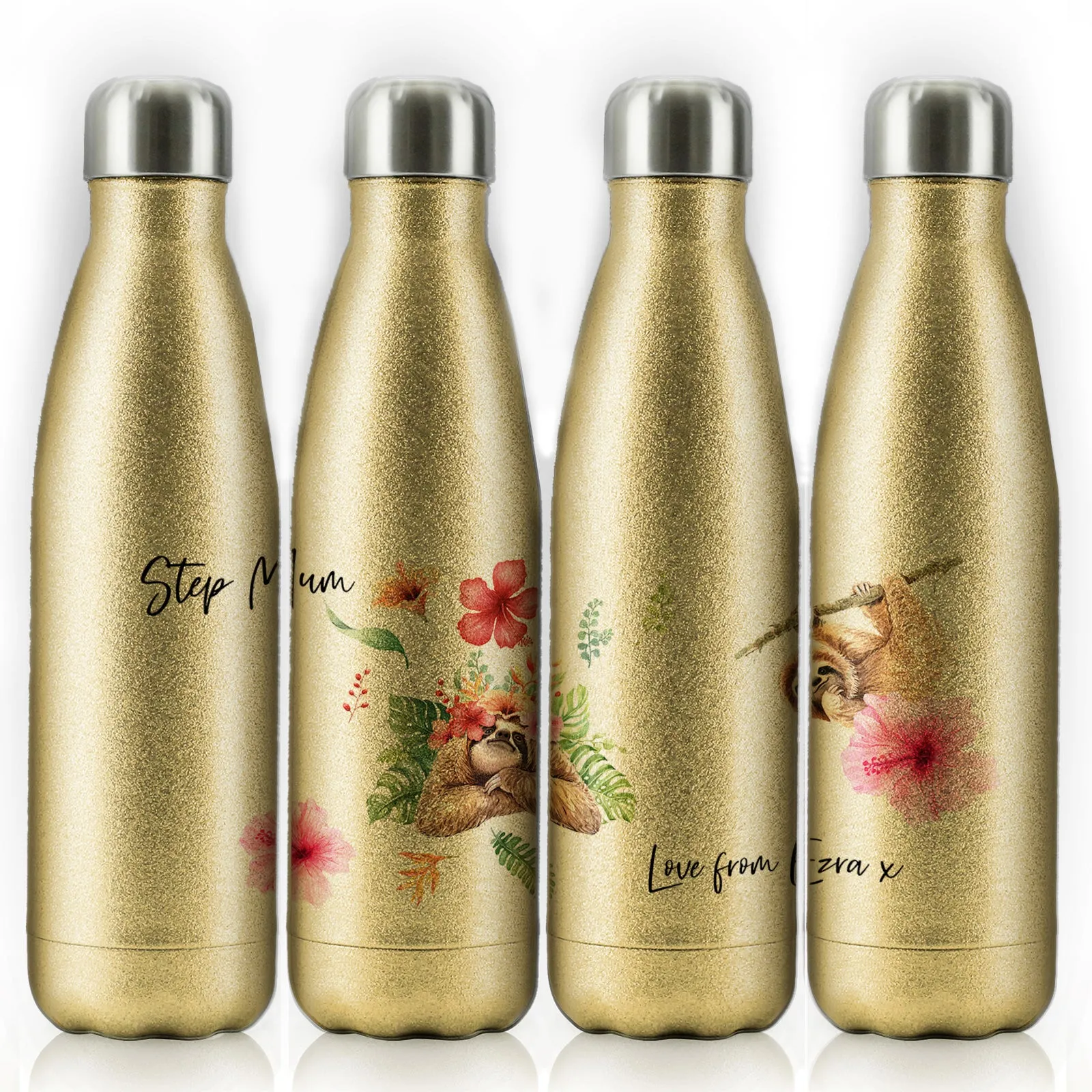 Personalised Cola Bottle with Stylish Text and Floral Mum and Baby Sloths