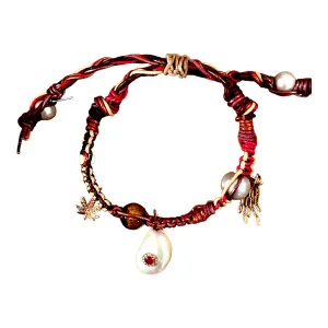 Rose Gold Ruby Gemburst Pot Leaf Leather Bracelet