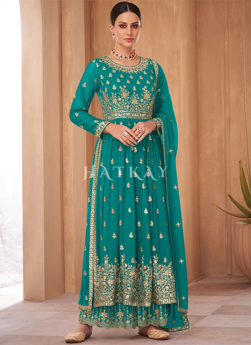 Sea Green Georgette Embroidered Wedding Palazzo Suit