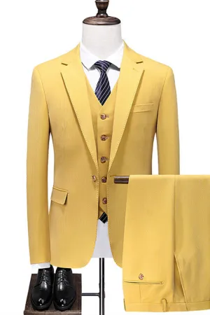 Stylish Yellow Notched Lapel Slim Fit Prom Suits Three Pieces Wedding Men Suits