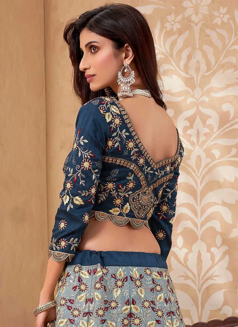 Teal Blue Heavy Floral Embroidered Stylish Lehenga Choli
