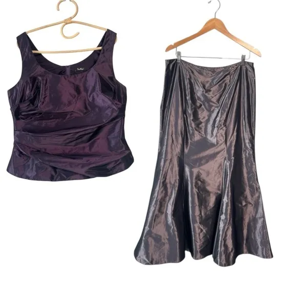 Vera Mont Paris Chrome Silver Sheen A-Line Midi Skirt &amp; Purple Back Zip Top